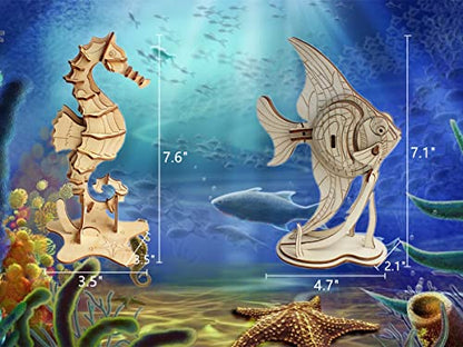 3D Wooden Sea Animal Puzzle - 6 Piece Set Wood Sea Animals Skeleton Assembly Model Kits - Wooden Crafts DIY Brain Teaser Puzzle - STEM Gifts for Adults & Teens Birthday Gifts Christmas - style: Sea Animals 6 model