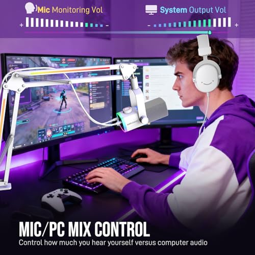 FIFINE AM8PROTW Streaming Microphone Kit for Gaming, XLR/USB Dynamic Mic | PC Microphone with RGB Boom Arm Stand, Mute Tap, 3-in-1 Volume Knob, Audio Balance, for Podcast Vocal, White - color: White