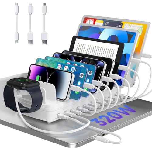 320W Charging Station for Multiple Devices, 10 Ports Fast Multi-Device Charger Organizer Compatible with MacBook Pro Laptop, iPhone, Android, Ipad, Tablet, Kindle, Family Multi-Device Charging Dock - color: White