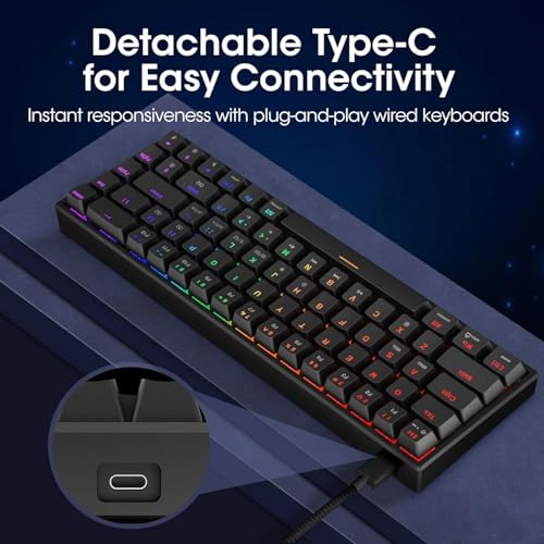 KOORUI 60% Mechanical Gaming Keyboard, Mixed Colors LED Backlit Ultra-Compact 68 Keys, Mini Wired Keyboard with Blue Switch for Windows Laptop PC/Mac OS/Xbox - color: Brown Switch