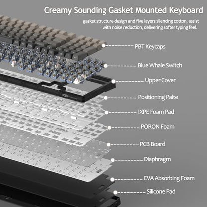 MageGee LIGHT100 Wireless Creamy Keyboard, Gasket Structure Hot Swappable, 2.4G/USB-C/BT5.0 RGB Backlit Mechanical Gaming Keyboard for Win/Mac/PC, 8000mAh Battery, Side Printed PBT Keycap, Black - color: Black/Blue Whale Switch