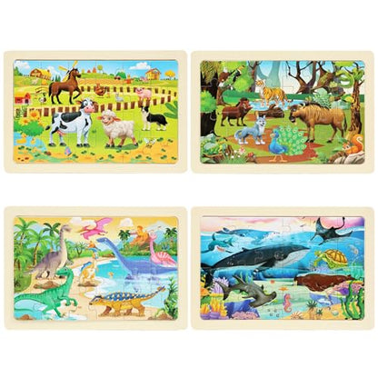 Wooden Puzzles for Kids Ages 4-6, 24 Piece Vehicle Car Construction Jigsaw Puzzles 4 Packs, Preschool Toddlers Learning Activity Puzzles Toys for Boys Girls 3 4 5 6 Years Old (Dinosaurs+Farm+Ocean) - color: Dinosaurs+farm+ocean