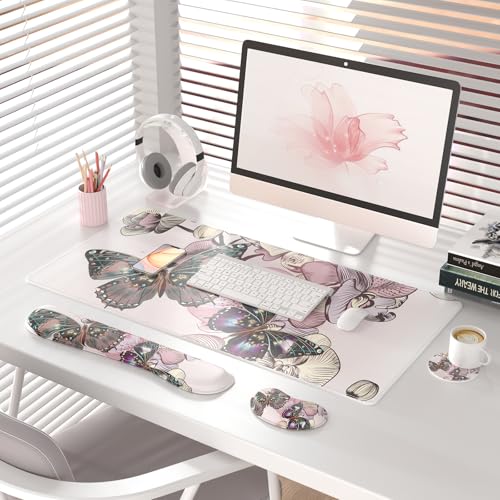 QIYI PU Leather Desk Mat Set, 4-in-1 Ergonomic Wrist Rest, Butterflies | Waterproof Large Mouse Pad 31.5×15.7 + Keyboard Wrist Rest + Mouse Wrist Support+Coaster, Non-Slip Office Gaming Accessories - color: Floral Butterflies