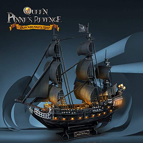 CubicFun 3D Puzzles for Adults Home Decor Pirate Ship Gifts for Men Women Model Kits Brain Teaser Gifts for mom,Queen Anne's Revenge 340 Pcs - style: 1/95 LED Queen Anne's Revenge