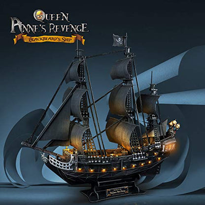 CubicFun 3D Puzzles for Adults Home Decor Pirate Ship Gifts for Men Women Model Kits Brain Teaser Gifts for mom,Queen Anne's Revenge 340 Pcs - style: 1/95 LED Queen Anne's Revenge