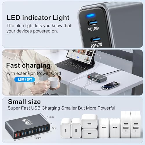 800W USB C Charger, 140W GaN Charger, 10-Port 100W/65W Fast Charging Station Compatible with MacBook Pro 16, HP, ASUS Laptops, iPad, iPhone 16 Pro Max/15, Samsung Galaxy S24/S23, Steam Deck and More