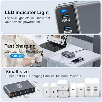 800W USB C Charger, 140W GaN Charger, 10-Port 100W/65W Fast Charging Station Compatible with MacBook Pro 16, HP, ASUS Laptops, iPad, iPhone 16 Pro Max/15, Samsung Galaxy S24/S23, Steam Deck and More