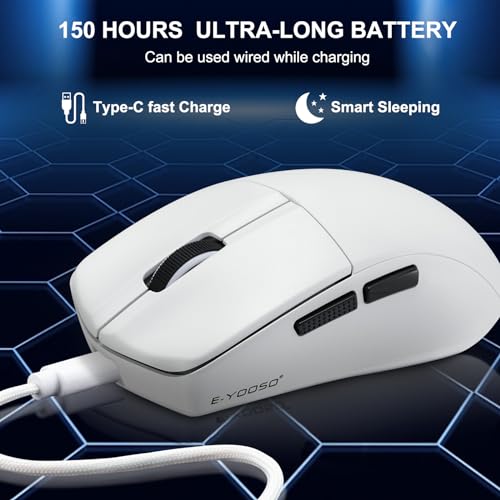 E-YOOSO Wireless Bluetooth Mouse, Rechargeable Mouse, 26000 DPI Gaming Mouse Wired, Superlight Ergonomic, Software Supported, Redefinable Macro Buttons Work Mouse for Laptop and PC/Mac - White - color: Tri-Mode White Mouse
