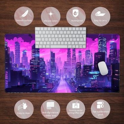 Cyberpunk Neon Purple City Gaming Desk Mouse Pad XL Pink Extended Mouse Pad Gaming, Keyboard Pc Office Laptop Mousepad Large, 31.5x15.8 in with Stitched Eges Non-Slip Base Mouse Pads - color: City Skyline