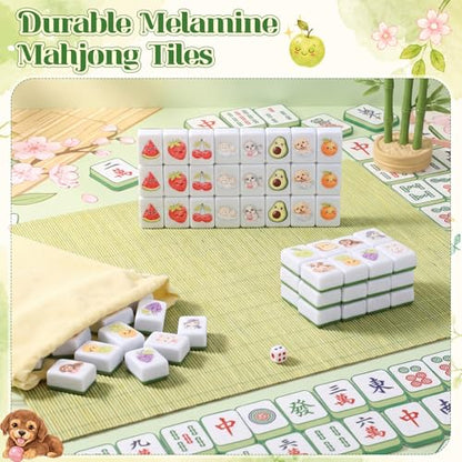 Leitee 2 Players Mahjong Block Set 1.18" Mahjong Tile Game Including 64 Pcs Green Tiles with Animal and Food Pattern Dice Portable Storage Bag Party Activities Supplies