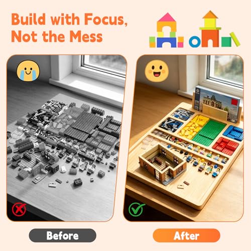 Building Baseplate Table for Lego with Portable Lego Sorting Tray | Wooden Lego building tray featuring 7-compartment brick organizer, instruction holder, lanyard, and portable lego lap table.