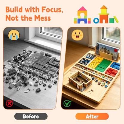 Building Baseplate Table for Lego with Portable Lego Sorting Tray | Wooden Lego building tray featuring 7-compartment brick organizer, instruction holder, lanyard, and portable lego lap table.