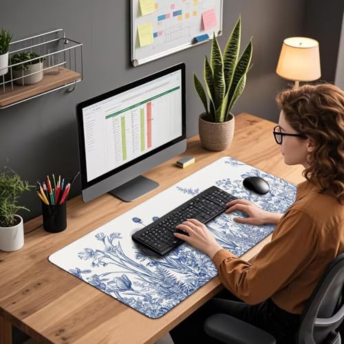 Blue Floral Large Gaming Mouse Pad Desk Mat 31.5"x15.7" Non Slip | Extended Mousepad, Non-Slip Rubber Base , Stitched Edges, for Computer/Laptop/Office/Home - color: Narcissus