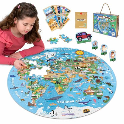 BONNYCO Giant Floor Puzzles for Kids World Map with 70 Large Pieces. Round Globe Puzzle with Animals, 23 x 23 in, 15 Cards, 4 3D Figures, Guide. Learning Gifts, Toys for 4 Year Old Boys