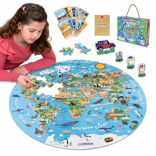 BONNYCO Giant Floor Puzzles for Kids World Map with 70 Large Pieces. Round Globe Puzzle with Animals, 23 x 23 in, 15 Cards, 4 3D Figures, Guide. Learning Gifts, Toys for 4 Year Old Boys