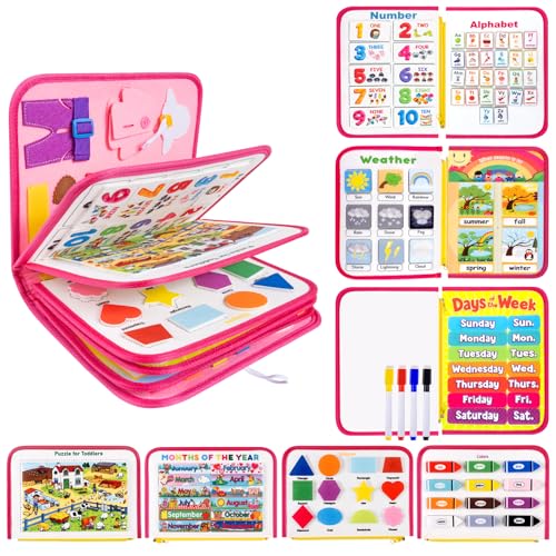 Toddler Busy Board, Montessori Busy Book for Toddlers, 12-Page Quiet Educational Activity Book, Learning Sensory Toys for Motor Skills, Travel Toy for Car Airplane, Girl Kids Birthday Gifts (Pink) - color: Pink