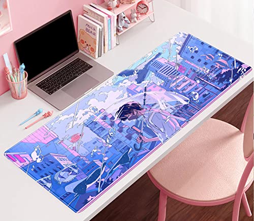 Anime Kawaii Desk Mat Mousepad Cute Japanese Large Gaming Mouse Pad XXL, Pastel Aesthetic Purple Blue Laptop Keyboard Mouse Mat, Magical Fantasy City Girl Gamer Computer Desktop Mat 31.5x15.75 in - color: Blue Purple City Boy