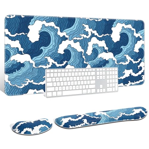 Auhoahsil Large Mouse Pad with Wrist Rests for Keyboard & Mouse, Thick Soft Ergonomic Memory Foam Wrist Supports, Big & Long Desk Mat 35.5 x 15.7 in, for Office Gaming Computer, Blue Wave - color: Blue Japanese Wave
