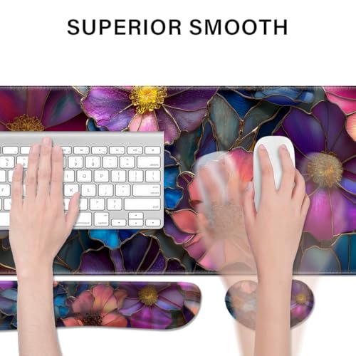 Desk Pad and Keyboard Wrist Rest, Large Mouse Pad + Keyboard Pad+Mouse Wrist Support, Non-Slip Desk Mat Protector for Office, Home 31.5×11.8 Inches Glass Flower - color: Glass Flower