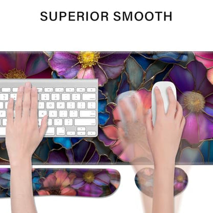 Desk Pad and Keyboard Wrist Rest, Large Mouse Pad + Keyboard Pad+Mouse Wrist Support, Non-Slip Desk Mat Protector for Office, Home 31.5×11.8 Inches Glass Flower - color: Glass Flower