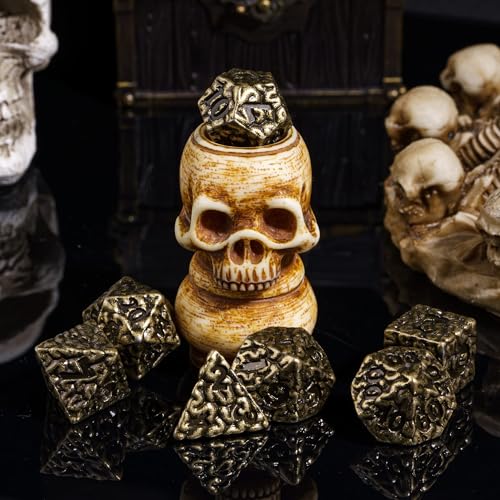 Cusdie 7 PCs Metal DND Dice Set, Brain Design Metal Dice, D&D Polyhedral Dice Set with Skull Dice Bag, for Role Playing Game D&D Dice (Bronze) - color: Brain Bronze