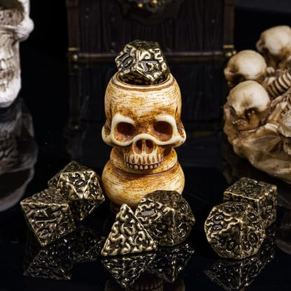 Cusdie 7 PCs Metal DND Dice Set, Brain Design Metal Dice, D&D Polyhedral Dice Set with Skull Dice Bag, for Role Playing Game D&D Dice (Bronze) - color: Brain Bronze