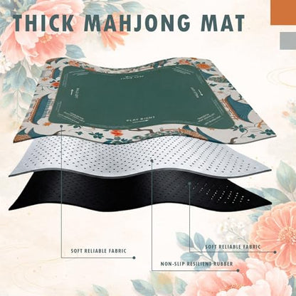 Foilswirl 1 Pcs Mini Chinoiserie Mahjong Mat for Travel - 21" x 21" Green Floral Peacock Mahjong Mat Non-Slip Noise Reduction Carrying Bag for Poker Board Card Games Dominoes