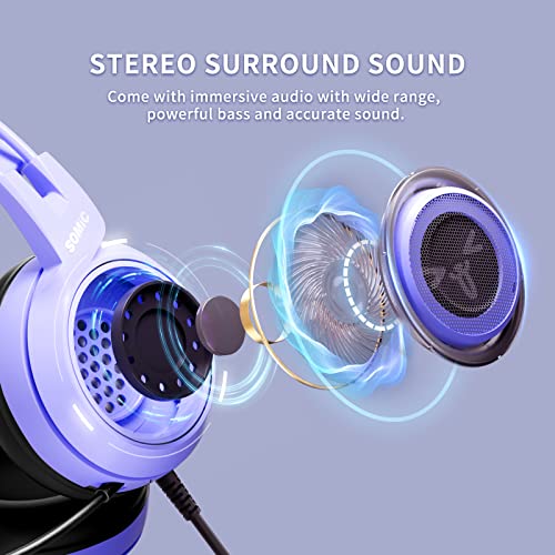 SOMIC G951S Purple Stereo Gaming Headset with Mic for PS4, PS5, Xbox One, PC, Phone, Detachable Cat Ear 3.5MM Noise Reduction Headphones Computer Gaming Headphone Self-Adjusting Gamer Headsets - color: Purple