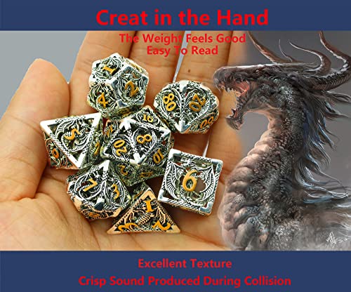 Metal DND Dice Set Dungeons and Dragon Dice Set Hollow Dragon Polyhedral Magic 7 PCS Dice Set with Gift Metal Box for Dungeons and Dragons Table Games Play Cards MTG(Dragon_Ancient Silver and Gold) - color: Dragon_ancient Silver and Gold