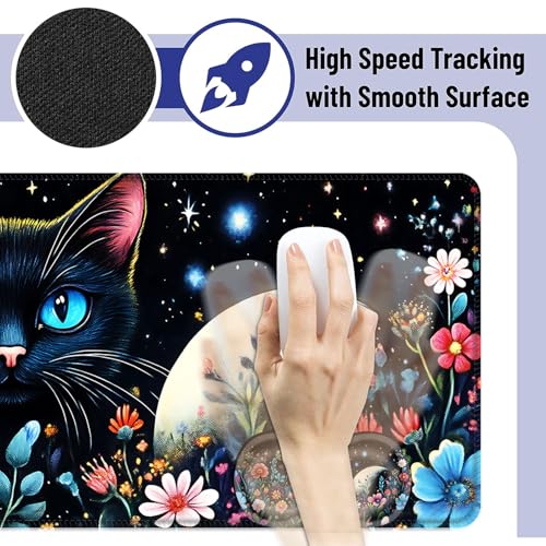 Large Mouse Pad and Keyboard Wrist Rest, Desk Pad for Keyboard and Mouse, 4-in-1 Large Gaming Mouse Pad with Wrist Support, Desk Mat for Home Office Study Game,Black Cat Flower - color: Black Cat Flower