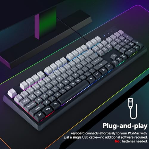 HUO JI Wired Gaming Keyboard with RGB LED Backlit, Floating Keys, Membrane with Mechanical Feeling, Spill Resistant, Ergonomic for Xbox, PS Series, Desktop, Computer, PC, Gradient Gray - color: Grey