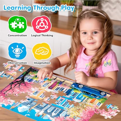 4 Packs 100 Piece Puzzles for Kids Adults, 4 in 1 Jigsaw Puzzles for Kids Ages 6-8 8-10, Beautiful House Large Piece Puzzle for Seniors Learning Educational Children Puzzle 5-8 for Boys and Girls - style: Beautiful House