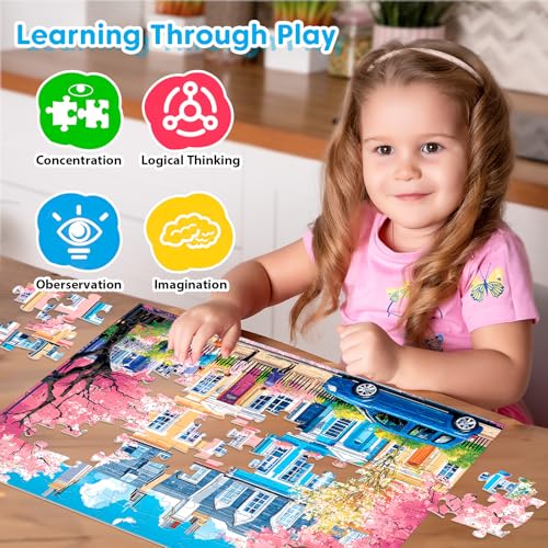 4 Packs 100 Piece Puzzles for Kids Adults, 4 in 1 Jigsaw Puzzles for Kids | Kids Ages 6-8 8-10, Beautiful House Large Piece Puzzle for Seniors Learning Educational Children Puzzle 5-8 for Boys Girls - style: Beautiful House