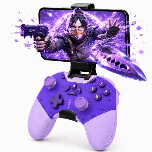 aghi Bluetooth Phone Controller with Hall Effect Joysticks and Phone Clip | Wireless Gamepad for iPhone/Android/TV/PC/Steam/Switch 1/2, with Lock Speed, Macro, 6-Axis Gyro, Vibration, Turbo, Purple - color: Purple