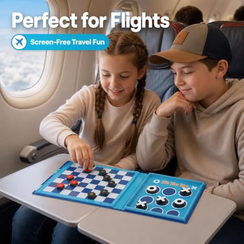 2-in-1 Travel Checkers and Tic Tac Toe Game for Kids Ages 8-12, Magnetic Checkers Board Game, Foldable Road Trip and Plane Activities - style: Checkers&Tic-Tac-Toe