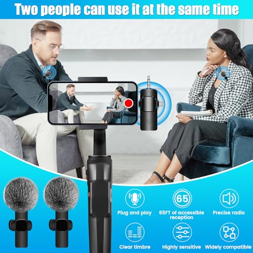 4 in 1 Wireless Lavalier Microphone for iPhone/USB C Android/Camera/Laptop PC,Mini Microphone 2.4G Ultra-Low Delay with Noise Reduction Cordless Lapel Mics for Video Recording, Vlog, YouTube, TikTok