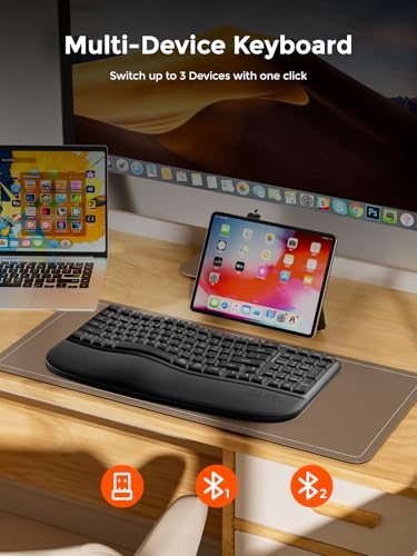 DAREU Wireless Ergonomic Keyboard,Ergo Keyboard with Cushioned Wrist & Palm Rest,2.4GHz / BT Ergonomic Wave Keys Computer Keyboard,3 Multi-Device Connectivity for Laptop,Mac,Windows - Black