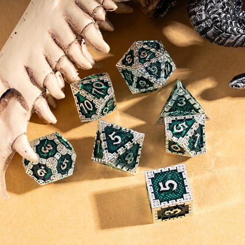 UDIXI Metal DND Dice Set, Metal Dice Set D&D for Tabletop Games (Green) | 7-Pieces, Dragon Carved, Chain-edge Design, Metal Gift Box, DM Gift, for Dungeons and Dragons Role Playing Games - color: Chain Frame-silver Green