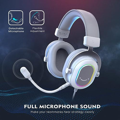 FIFINE H6W USB Gaming Headset,Wired Headphones with Mic for PC/Laptop/PS5 | Tuned 50mm Drivers, 7.1 Surround Sound, 3 EQ Modes, Soft Earmuff, Vibrant RGB, Handy In-line Control, for gaming/streaming - color: White