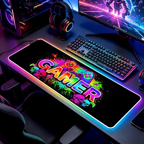 RGB Retro Black Gamer Gaming Desk Mat, Computer Keyboard Large Extended Long LED Mouse Pad for Office and Home, XL (W21) - color: Rgb-w21