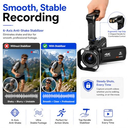 Acuvar 4K Video Camera Camcorder 60FPS 48MP with WiFi, 18X Zoom, Flip Screen, External Mic, Stabilizer & Tripod – Vlogging Camera Kit with 2 Batteries, Dual Charger & 64GB SD Card for YouTube - style: Elite Kit