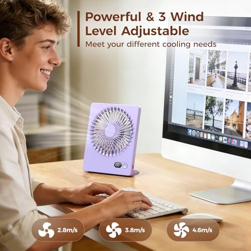 Zuvas Desk Fan Small Rechargeable Battery Table Fans for travel Ultra Quiet | 180° Tilt Folding, LED Dislay, Portable Fan Slim Design, 3 Speed Adjustable, for Office Bedroom Desktop, Cruise Essentials - color: Light Purple