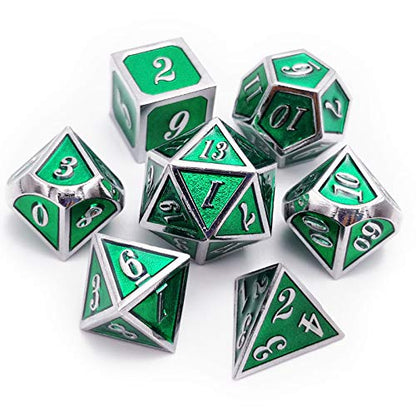 Haxtec Silver Emerald Green Metal DND Dice Set Enamel D&D Dice with Leather Dice Bag Compatible with Dungeons and Dragons TTRPG Gift for DND Lovers Players Masters - color: Silver Green