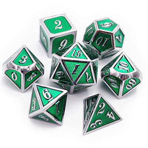 Haxtec Silver Emerald Green Metal DND Dice Set Enamel D&D Dice with Leather Dice Bag Compatible with Dungeons and Dragons TTRPG Gift for DND Lovers Players Masters - color: Silver Green