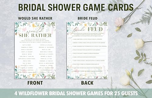 Wildflower Bridal Shower Games Set, 4 Games Includes He Said She Said, Would She Rather, What is in Your Purse, Bride Feud, 50 Double-Sided Cards, Wedding Party Supplies -02 - style: 4 Games Set-02