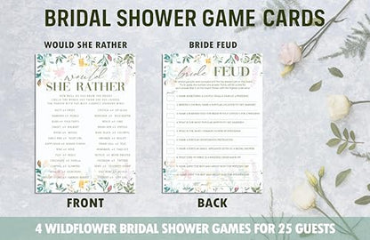Wildflower Bridal Shower Games Set, 4 Games Includes He Said She Said, Would She Rather, What is in Your Purse, Bride Feud, 50 Double-Sided Cards, Wedding Party Supplies -02 - style: 4 Games Set-02