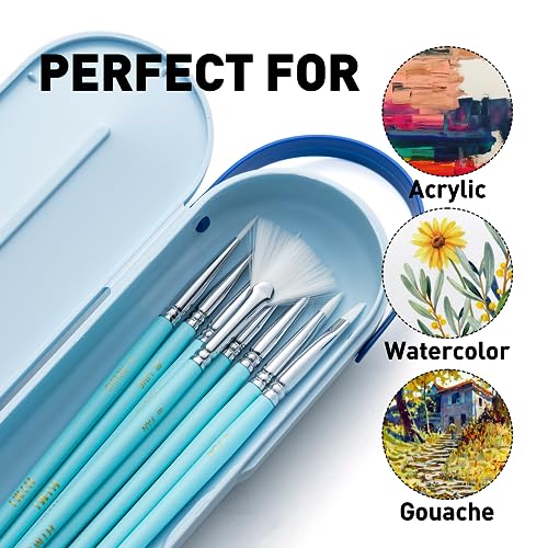 HIMI Paint Brushes Set 8 Pcs for Acrylic Oil Gouache Paint，2 Flat & 2 Round & 2 Liner &1 Filbret &1 Fan, 8pcs Brushs, Interesting Designed Nice Gift for Art hobbyist Beginners Artists (Blue,8 Pcs) - color: 8pcs-blue