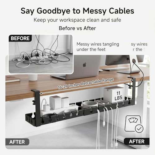 Under Desk Cable Management Tray, 16-29" Adjustable Metal Cord Rack | 【Heavy-Duty 11lbs Capacity】Easy install under desk cord organizer fits power strips & routers. Perfect for home office setups