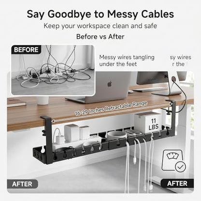 Under Desk Cable Management Tray, 16-29" Adjustable Metal Cord Rack | 【Heavy-Duty 11lbs Capacity】Easy install under desk cord organizer fits power strips & routers. Perfect for home office setups
