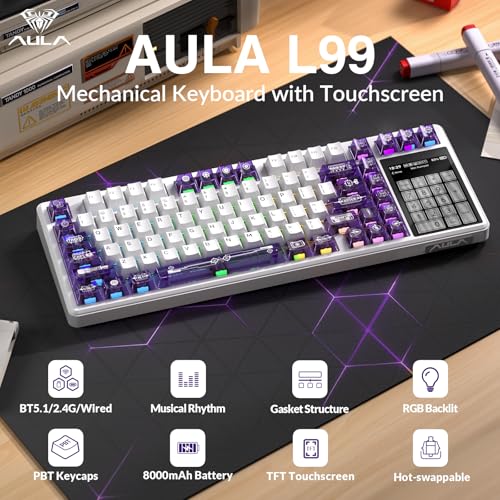 Aula L99 Wireless Mechanical Keyboard with Smart Touch Screen,Tri-Mode Hot Swappable Custom Gaming Keyboard,RGB Backlit,PBT Keycap,Gasket Mount Creamy Sounding Computer Keyboards for Office PC,84 Keys - color: White Purple